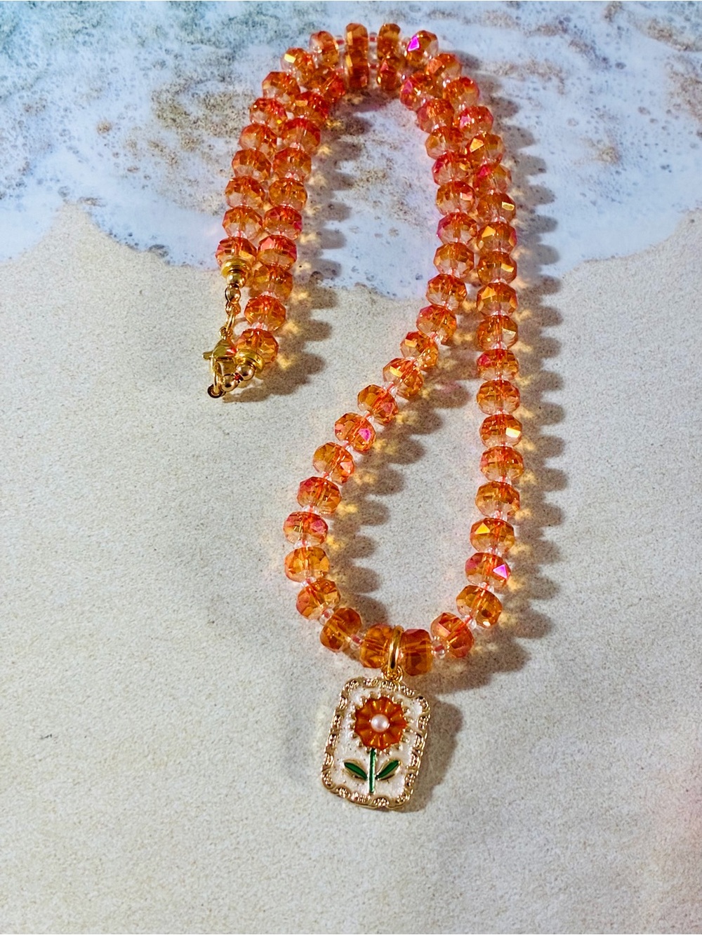 Gold-Tone Orange Beaded Necklace with Enamel Flower Pendant - Women Jewelry